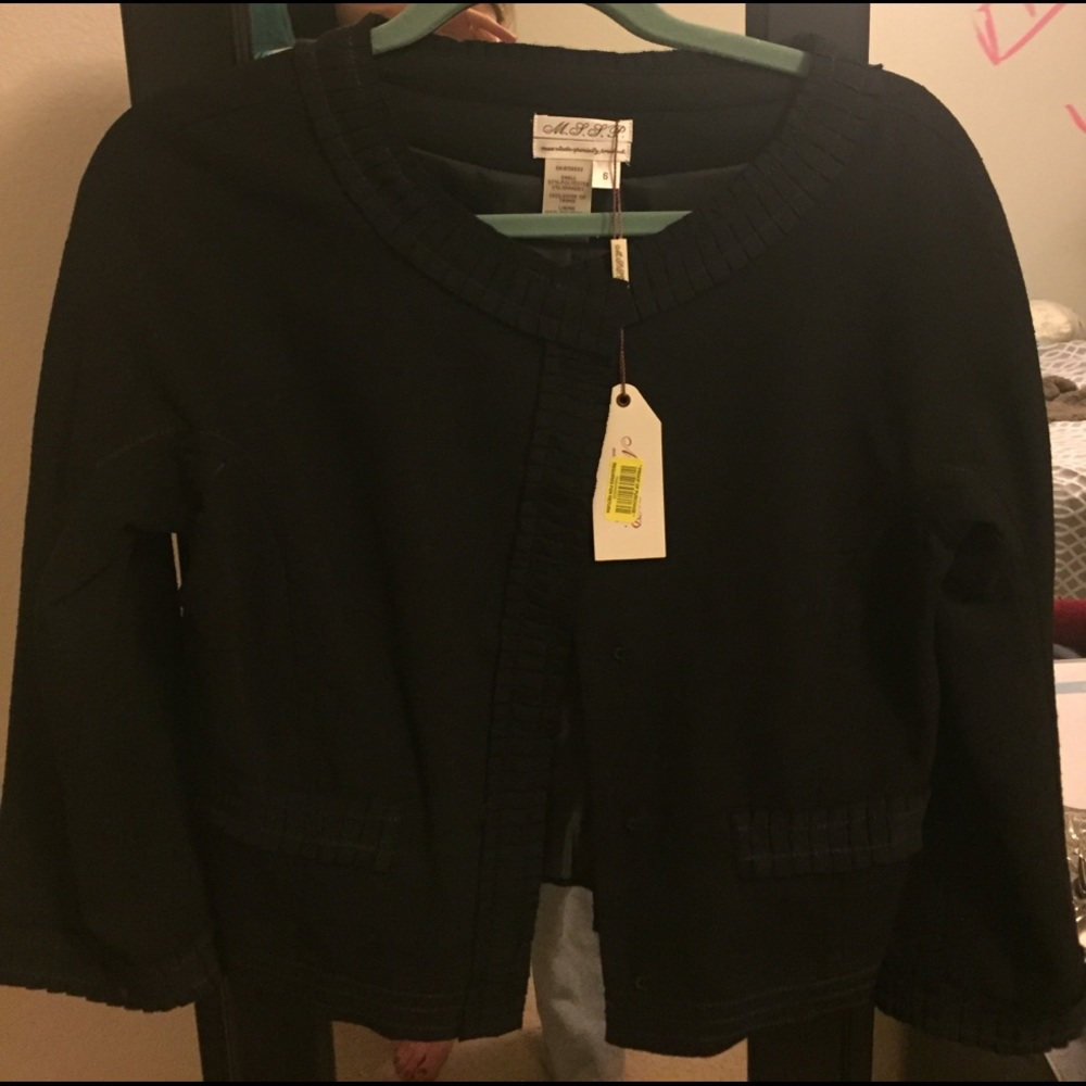 Black suit jacket with ribbon trim, MSSP size 6