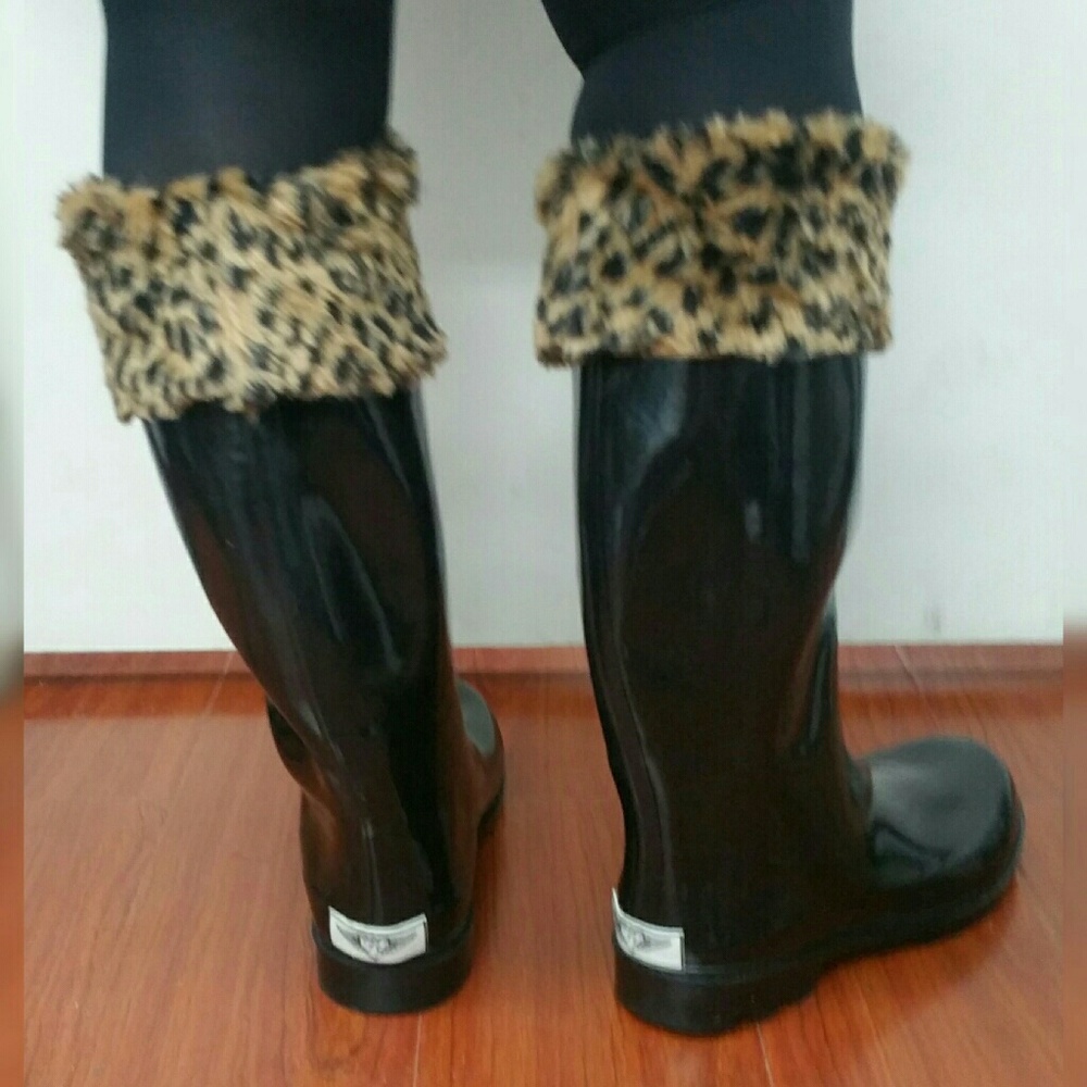 Women Tall Rain Boots, RB-1801, Black with Fur Cuff, Size 10 - Picture 3 of 3