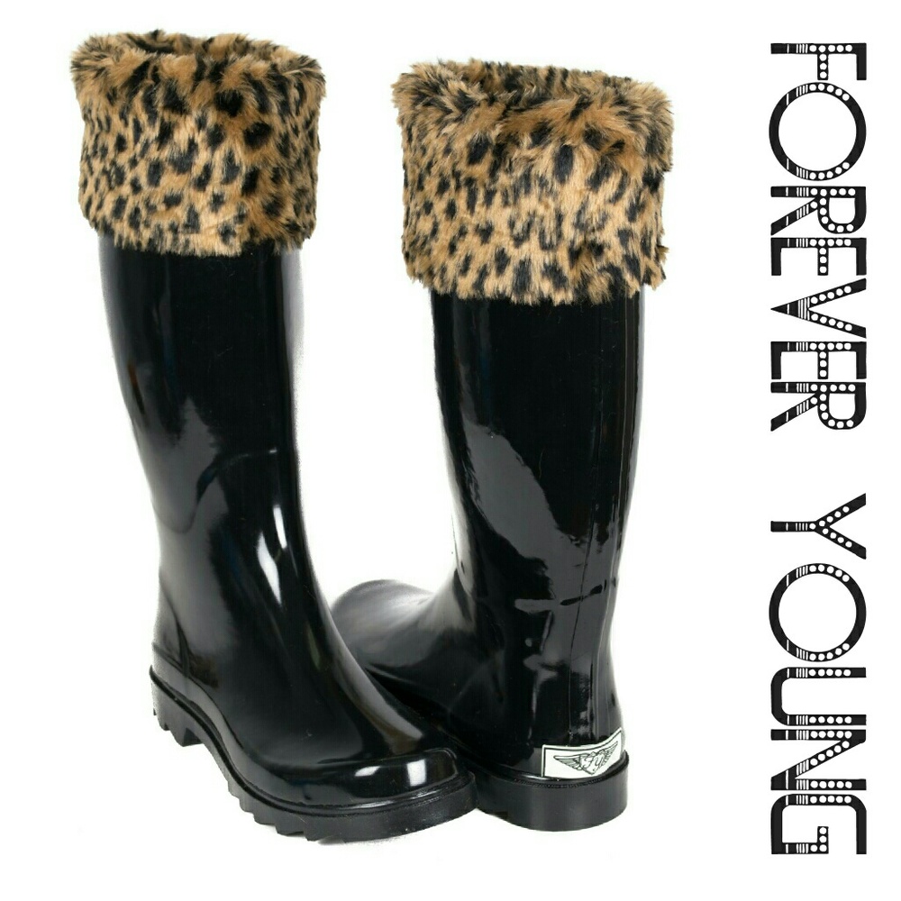 Women Tall Rain Boots, RB-1801, Black with Fur Cuff, Size 10 - Picture 1 of 3