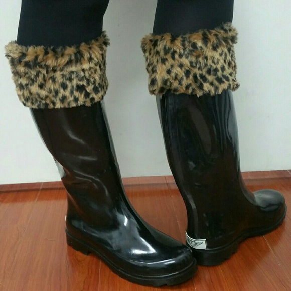 Women Tall Rain Boots, #1801, Black with Fur Cuff - Picture 2 of 3