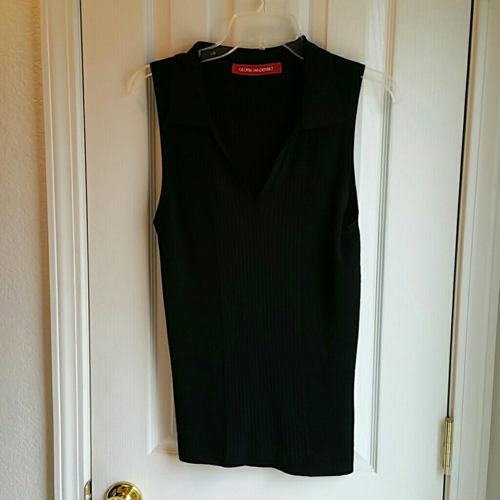 GLORIA VANDERBILT BLACK KNIT V NECK/COLLAR BLOUSE SZ L