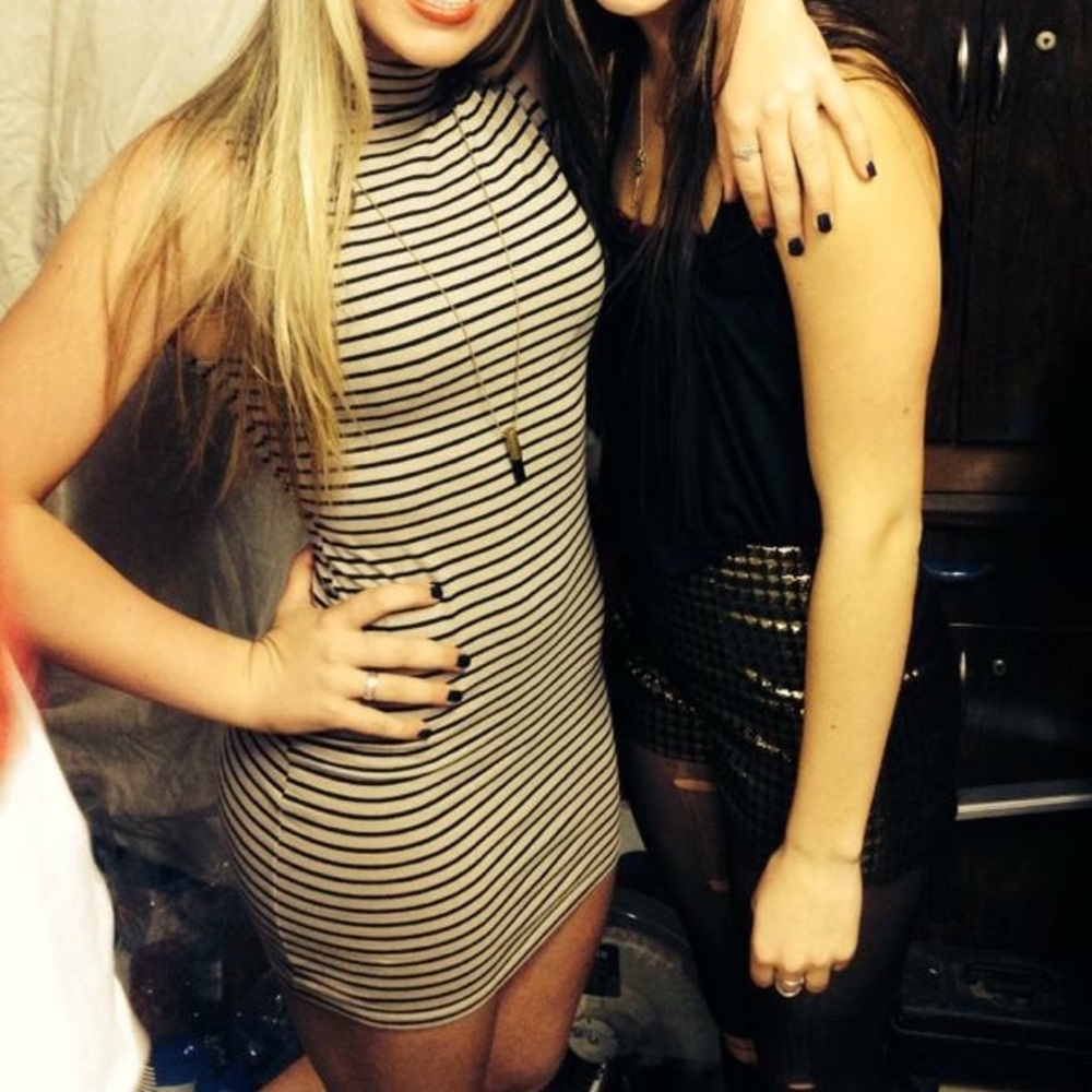 Striped turtleneck mini dress.