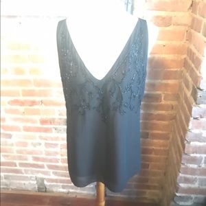 Black Sheer V Neck Blouse w/ Beaded Detail
