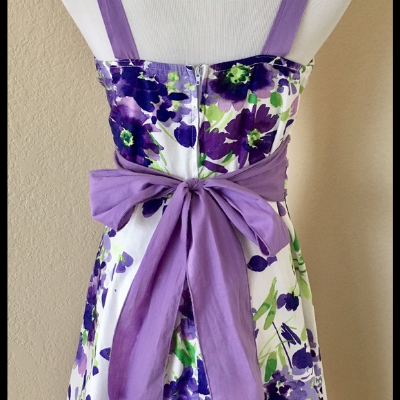 Floral A line Summer dress white purple sun dress bow tie back open back - Picture 3 of 4