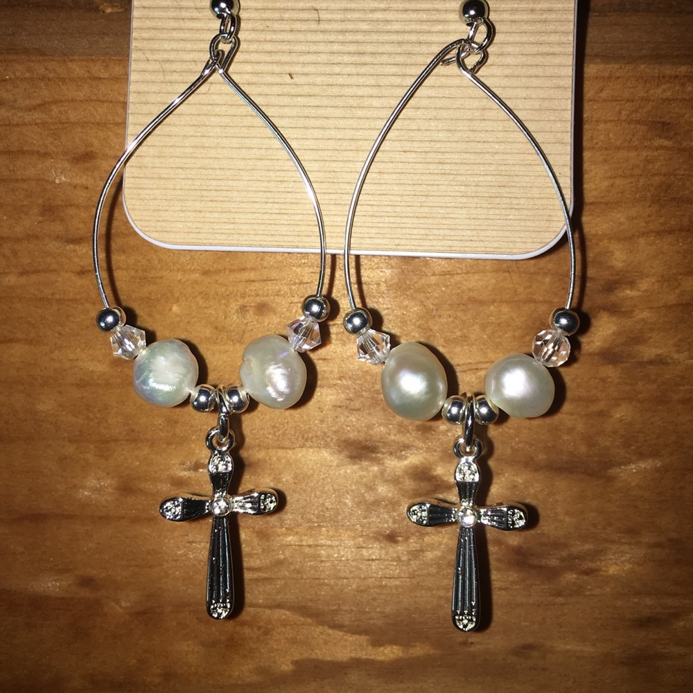 Silver cross earrings freshwater pearls Swarovski