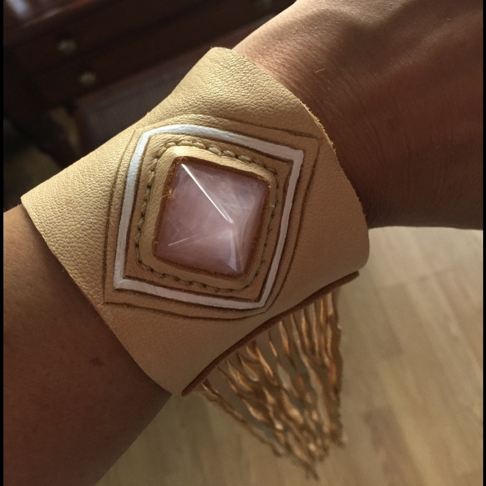 Free People Leather and Stone Fringe Bracelet