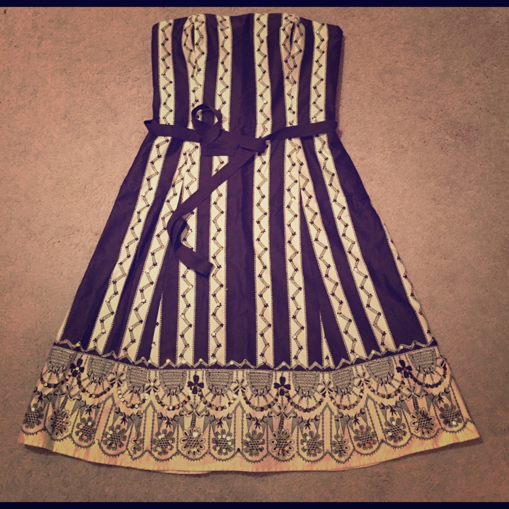 Strapless, cream and brown, a-line dress