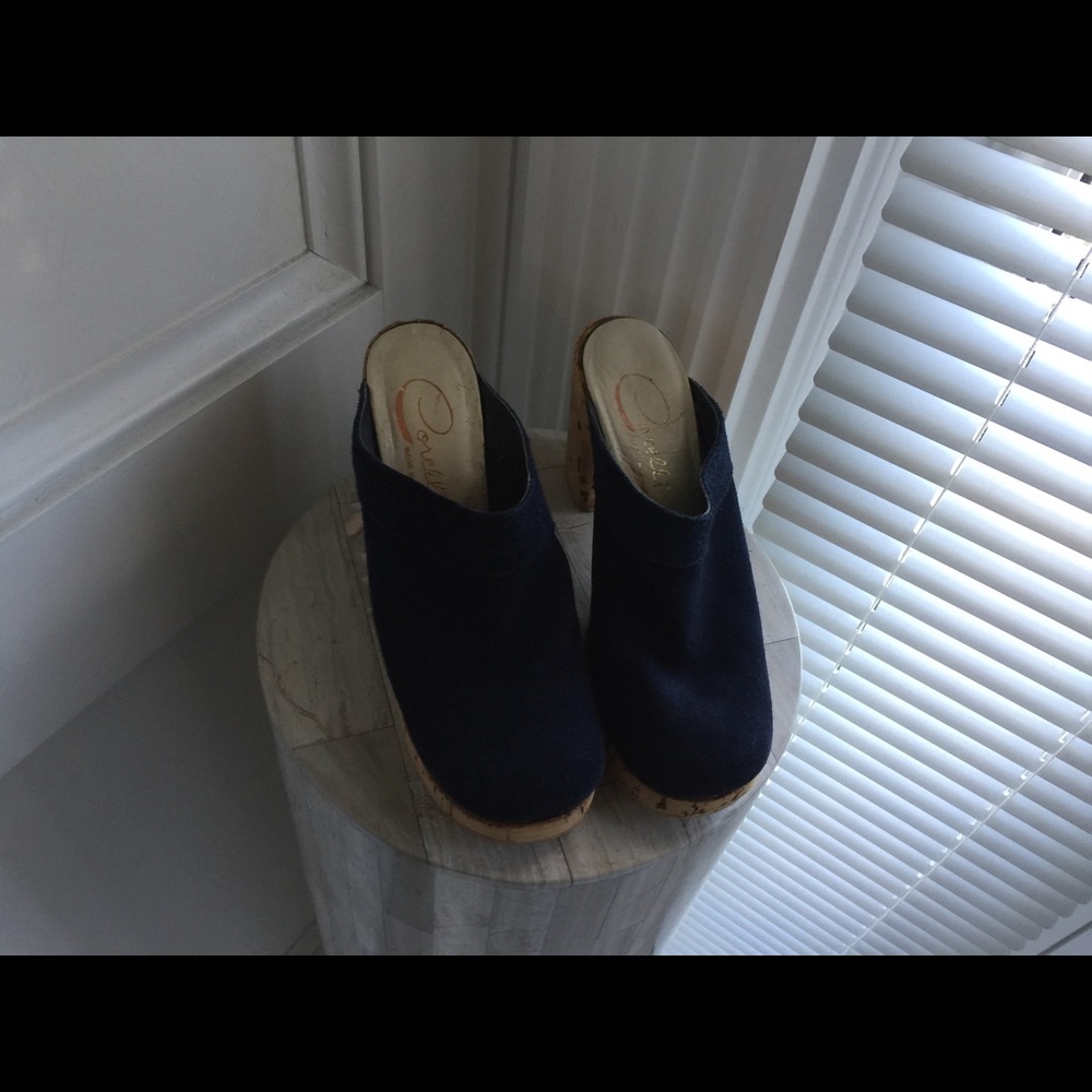 Navy blue suede clogs.