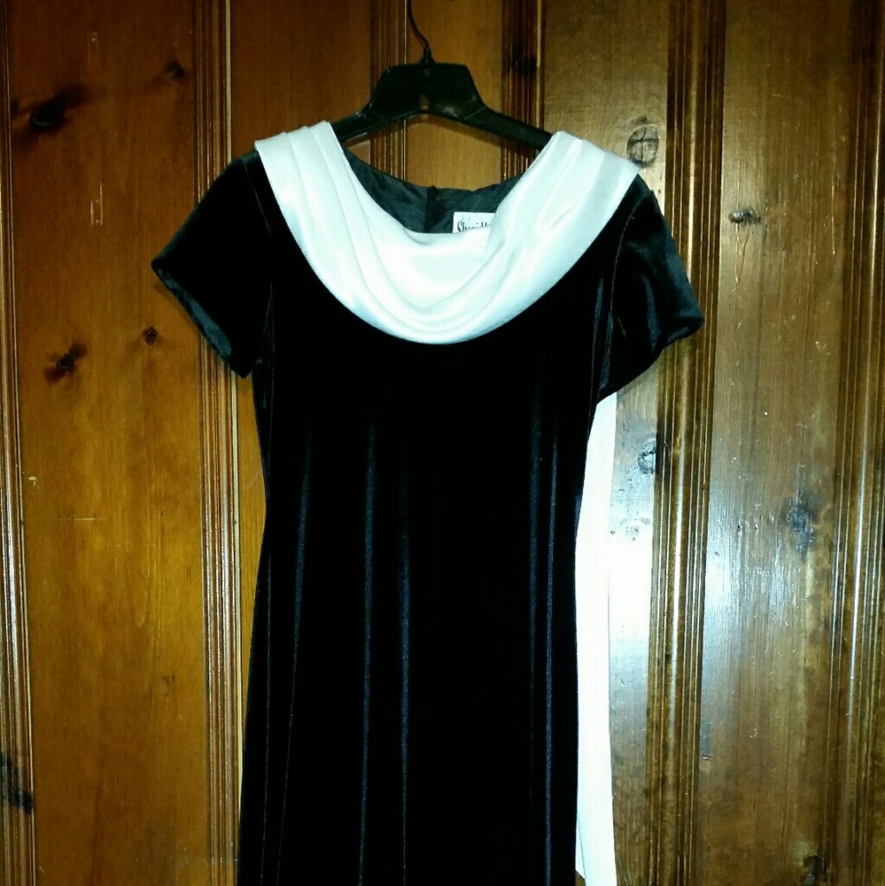Perfect black velvet formal dress with cream shawl
