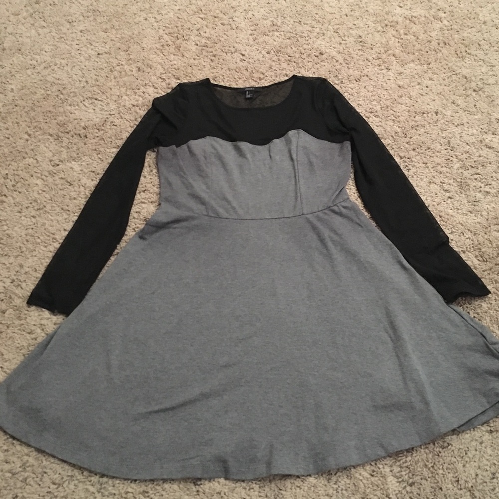 Gray skater dress with black sheer sleeves