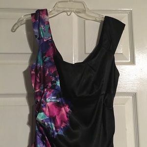 Black and multi colored satin cocktail dress