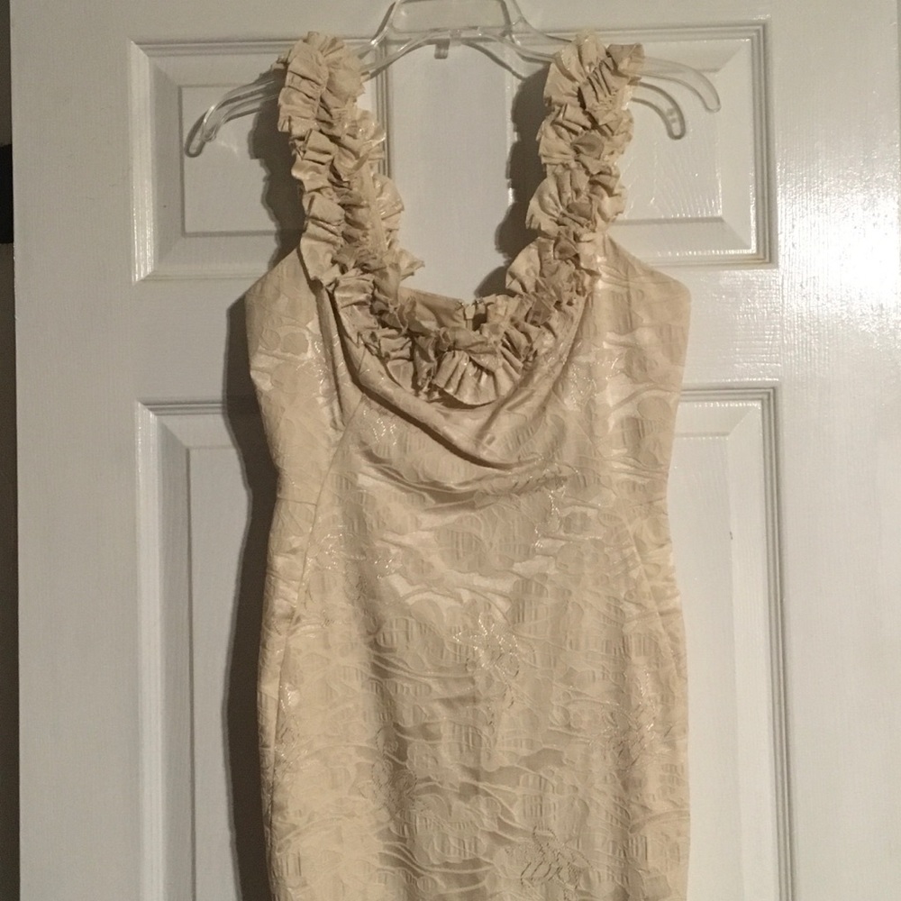 Cream colored brocade cocktail dress with ruffle