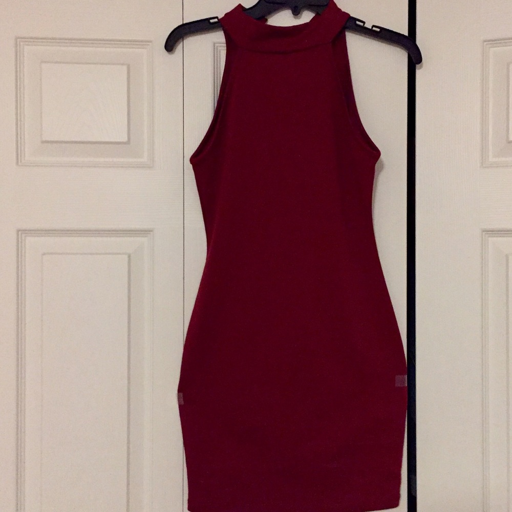 Maroon/dark red, tight, high neck dress