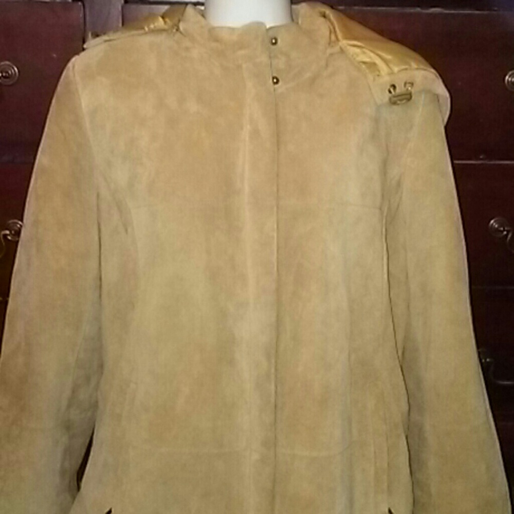 HOODED SUEDE LEATHER COAT BY VALERIE STEVENS SZ L