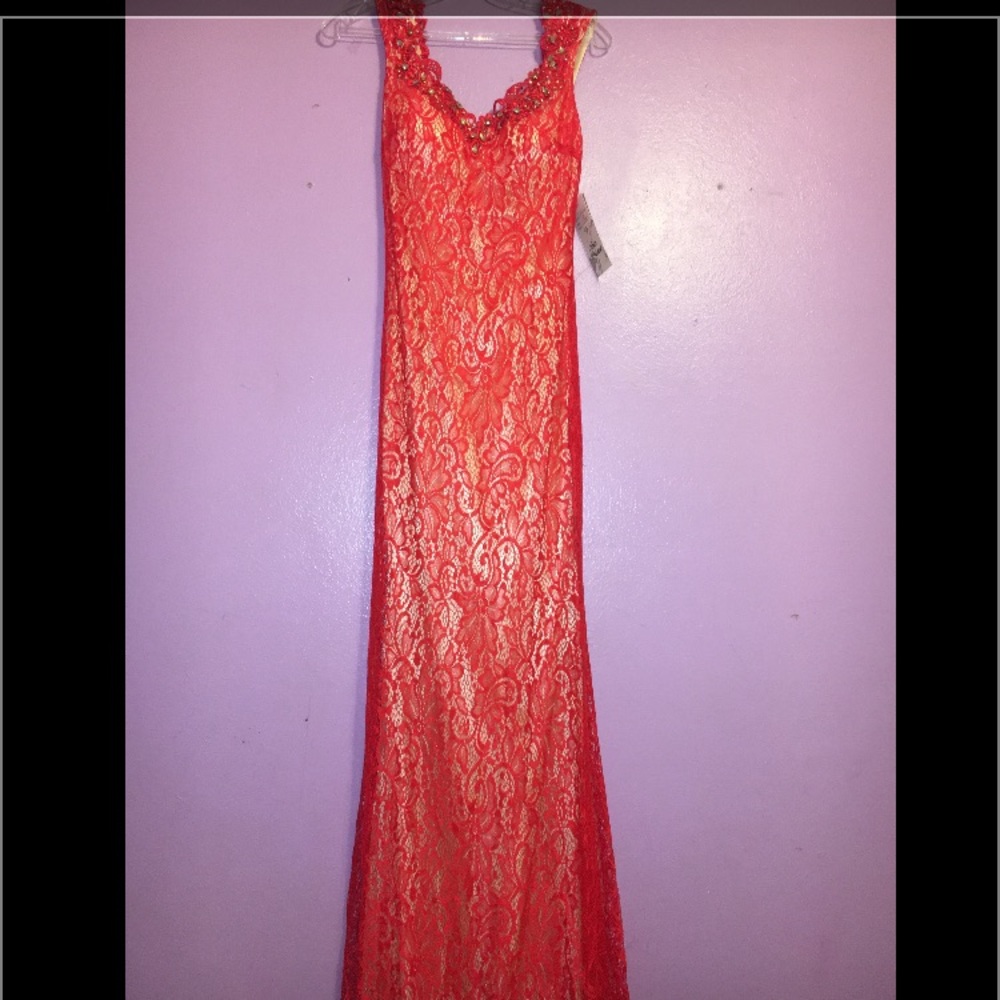 Red lace and nude formal dress