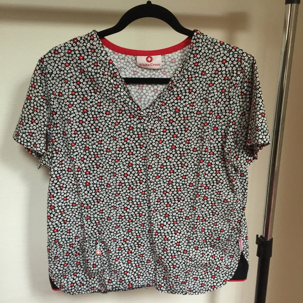 Black and red floral scrub top