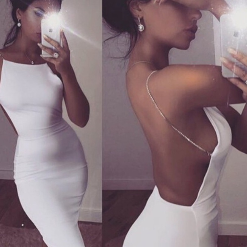 White backless dress with rhinestone straps