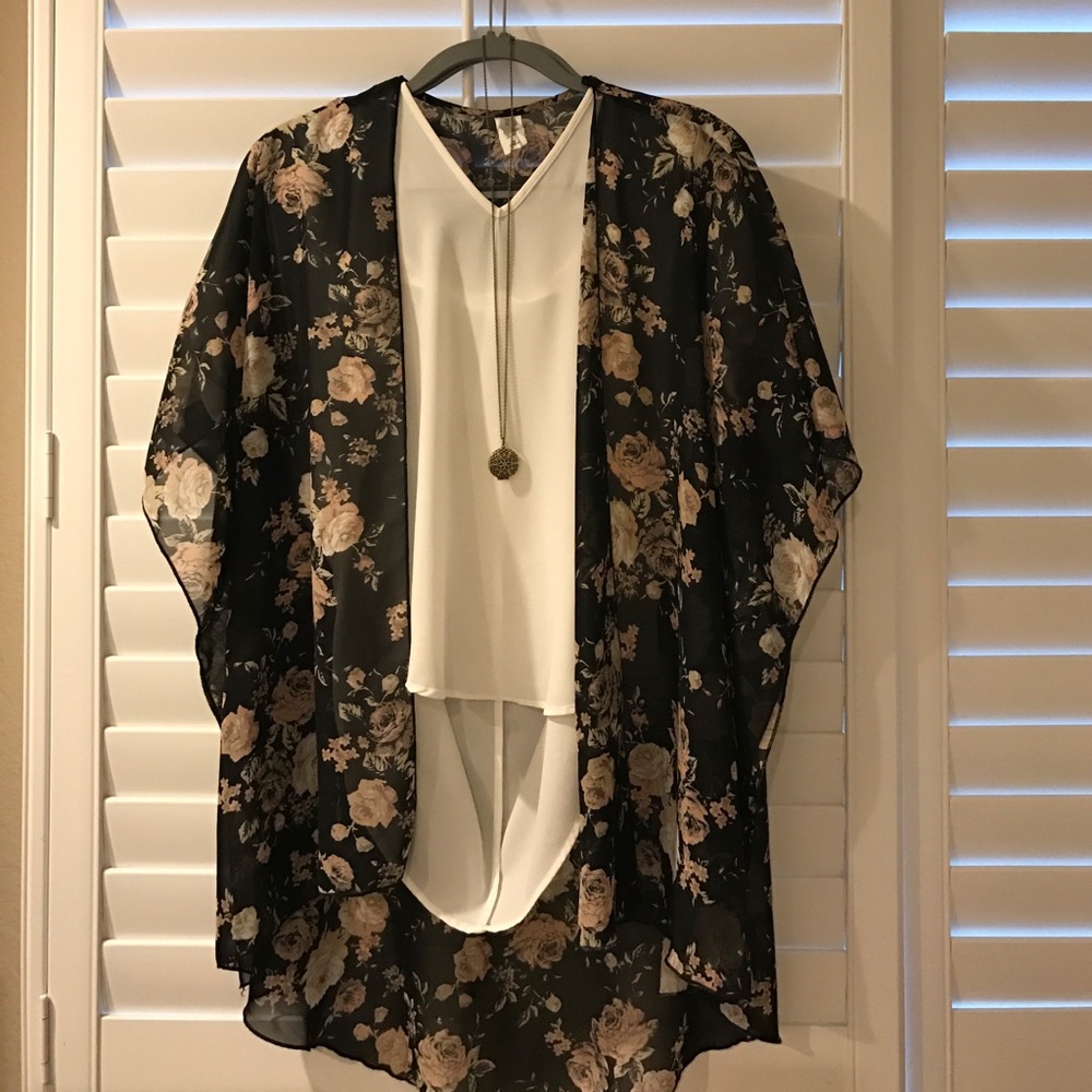 Black Floral Kimono Cardigan