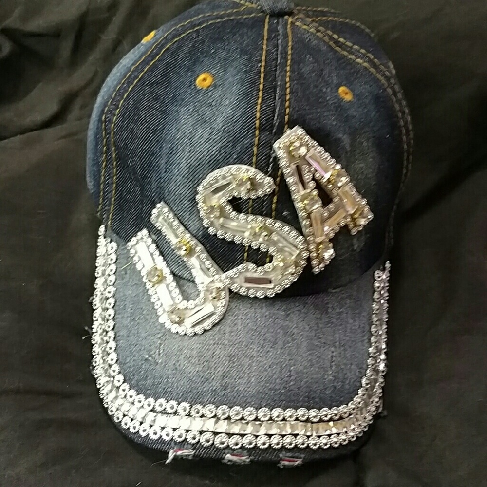 NWOT DARK DENIM USA BLING CAP