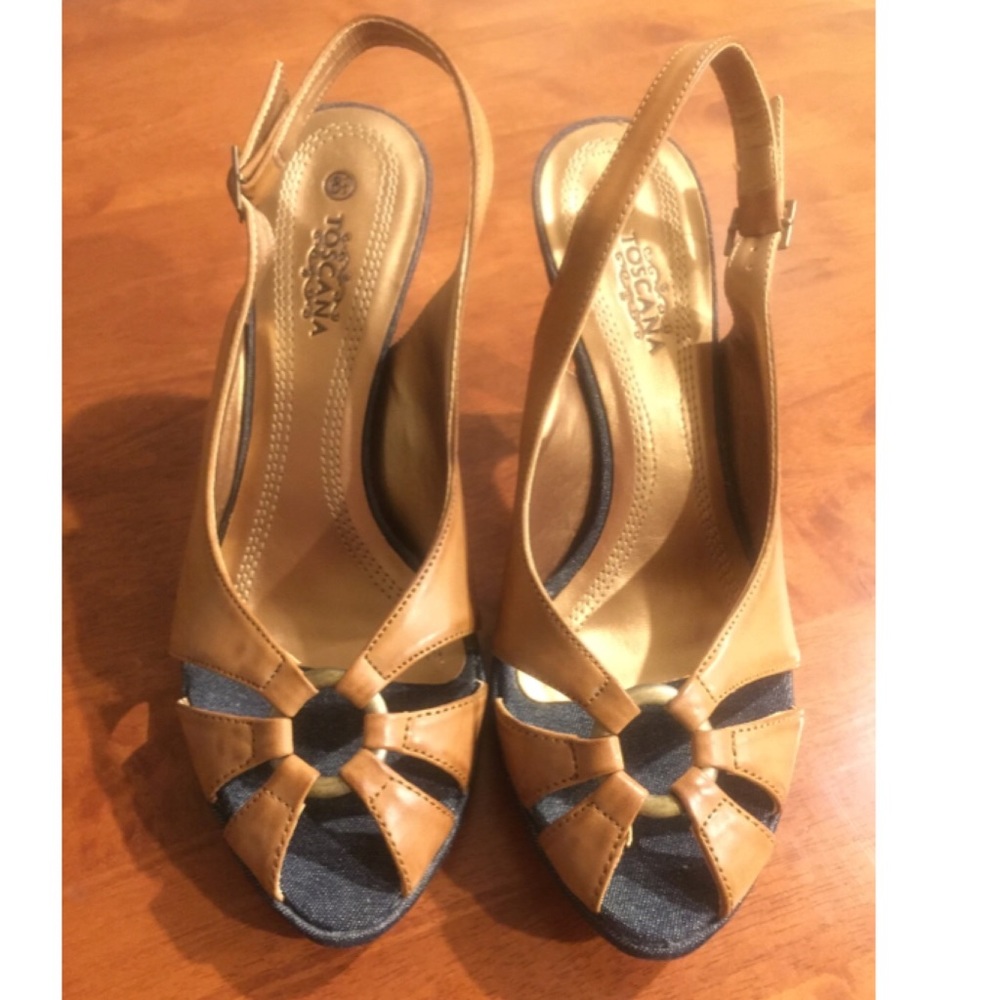 Tan and denim peep toe heels