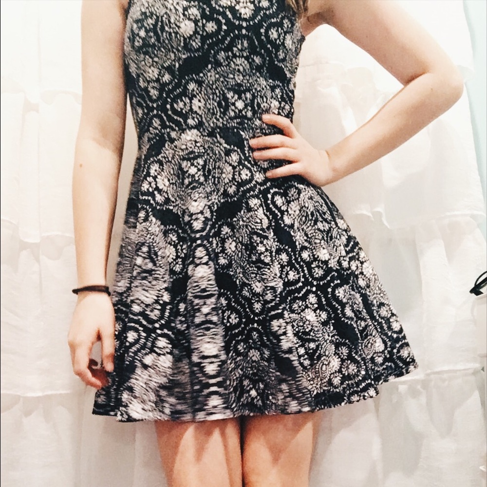 Dark Navy Blue and White Printed Dress