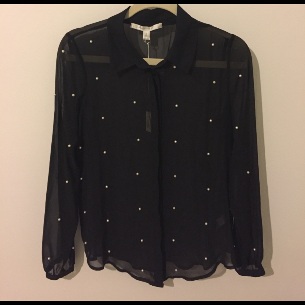 NWT Sheer top with pearl "polka dots"