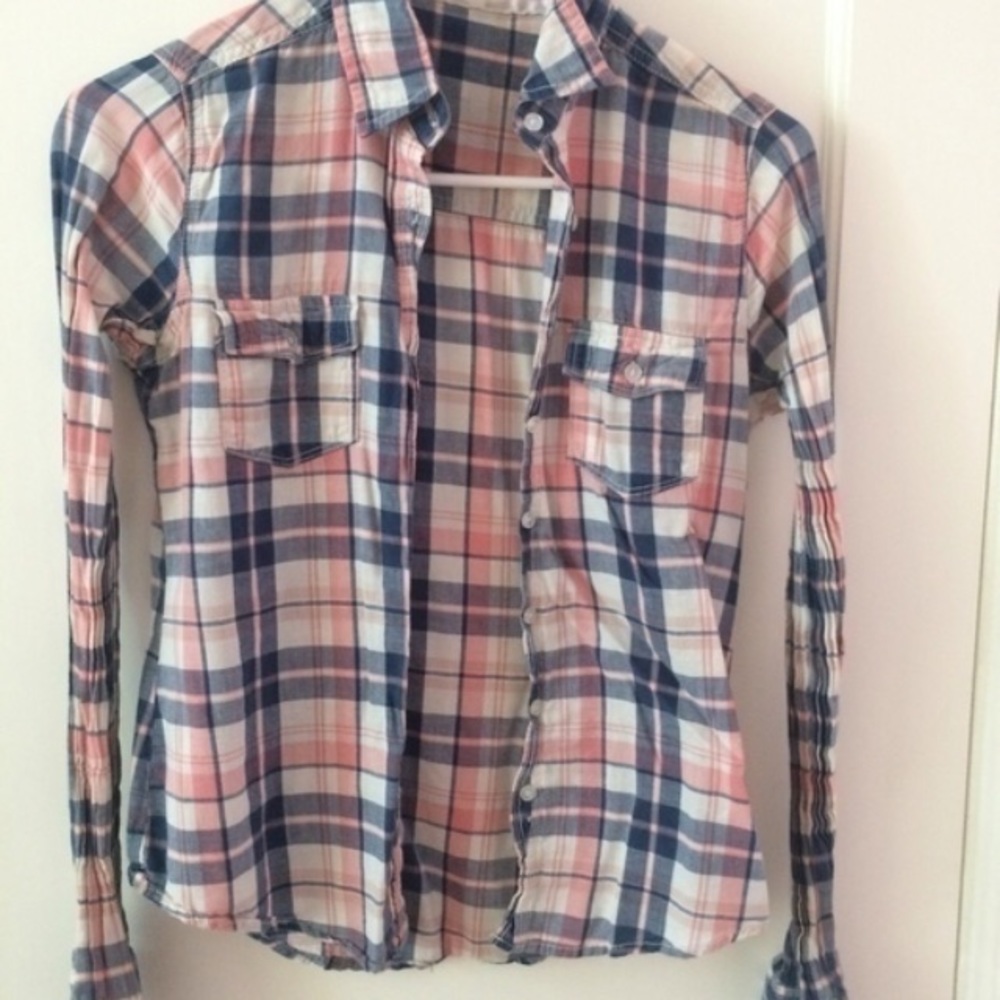 pink white blue plaid shirt