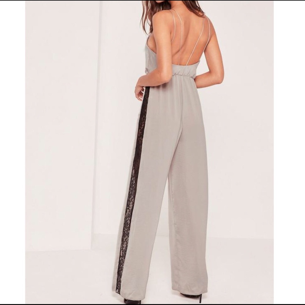 Missguided Silky Lace Insert Jumpsuit Silver - Picture 2 of 5