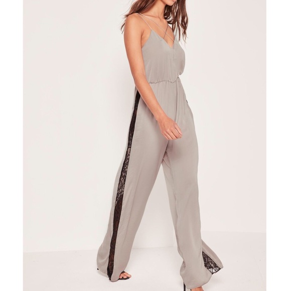 Missguided Pants - Missguided Silky Lace Insert Jumpsuit Silver