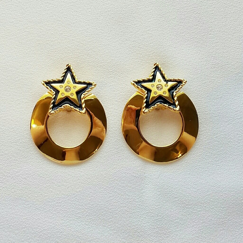 Gold Navy Blue Star Rhinestones Clip On Earrings