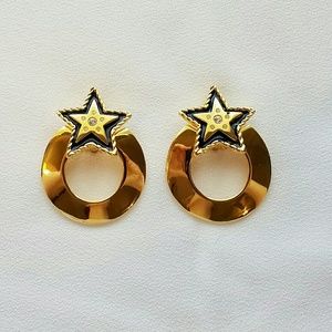 Gold Navy Blue Star Rhinestones Clip On Earrings