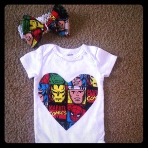 Marvel comics matching onesie with hair bow.