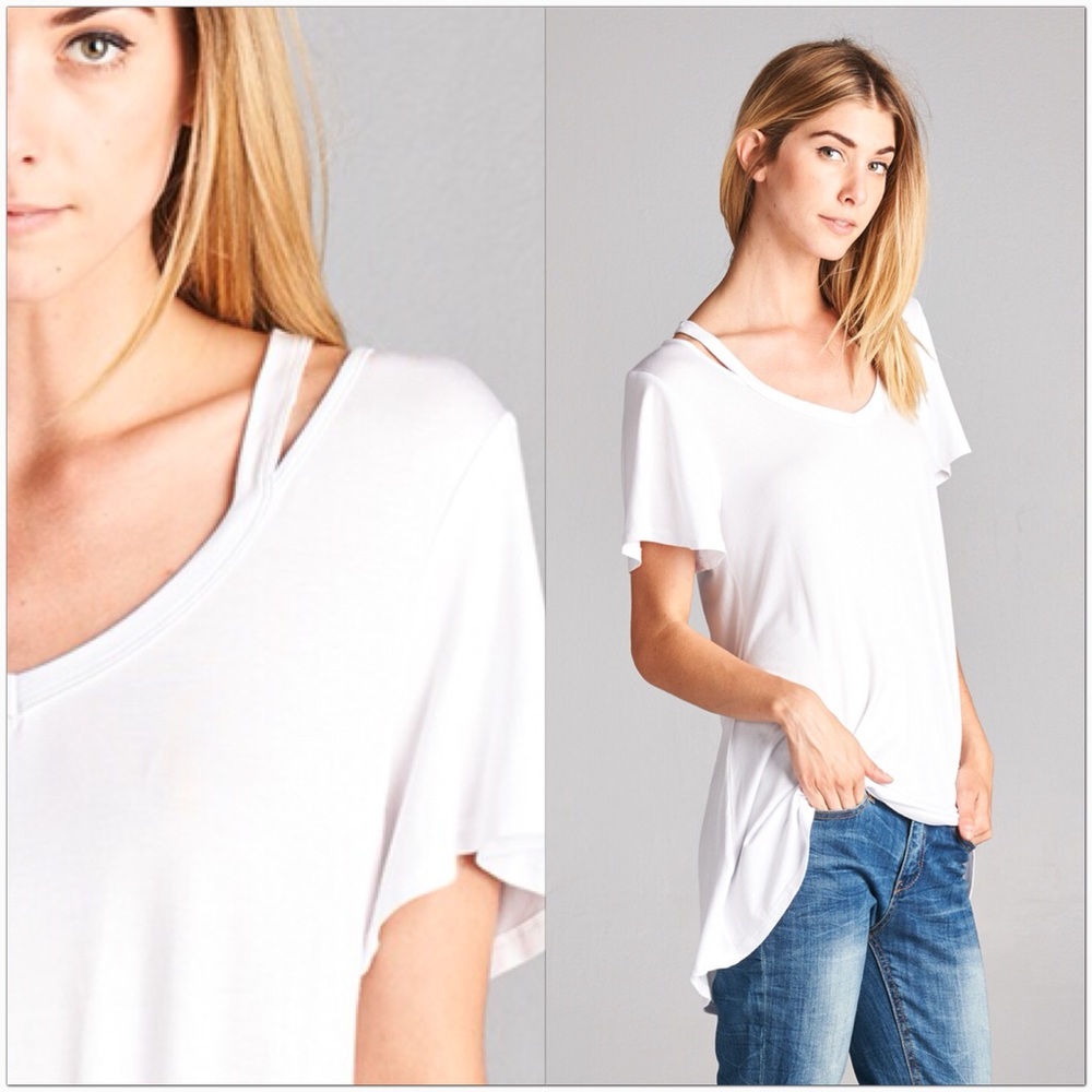 🔹Last One🔹White Open Shoulder V-Neck Tunic Top - Picture 2 of 6