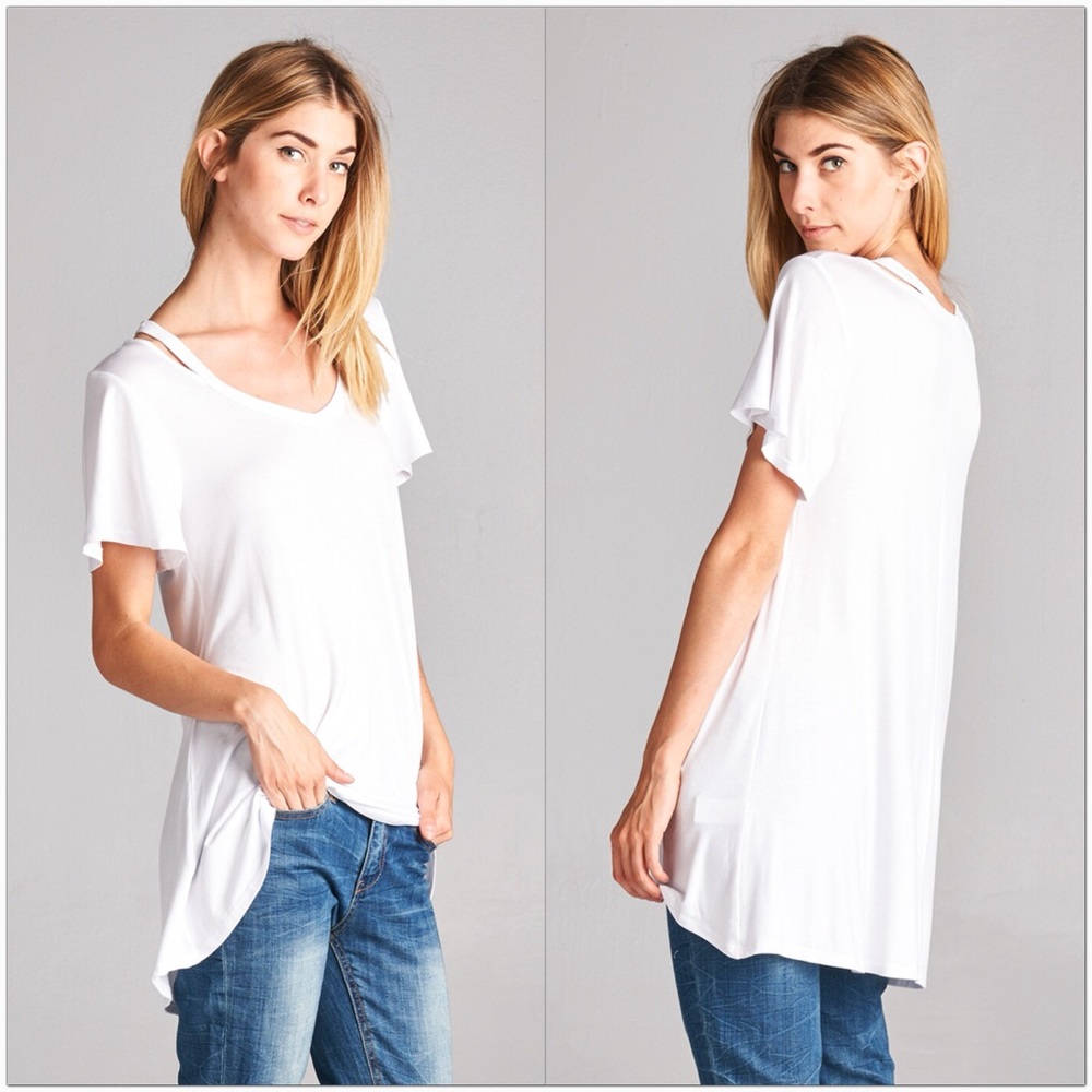 🔹Last One🔹White Open Shoulder V-Neck Tunic Top - Picture 3 of 6