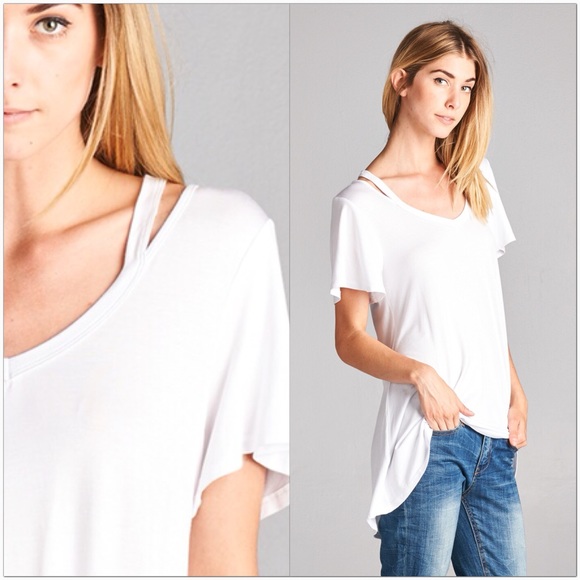 🔹Last One🔹White Open Shoulder V-Neck Tunic Top - Picture 2 of 6