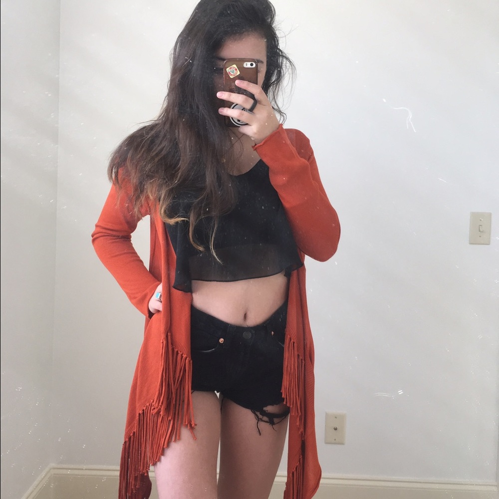 Rust Orange Fringe Cardigan//