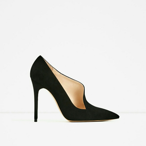 Zara Leather Asymmetric Black Suede Heels - Picture 2 of 8