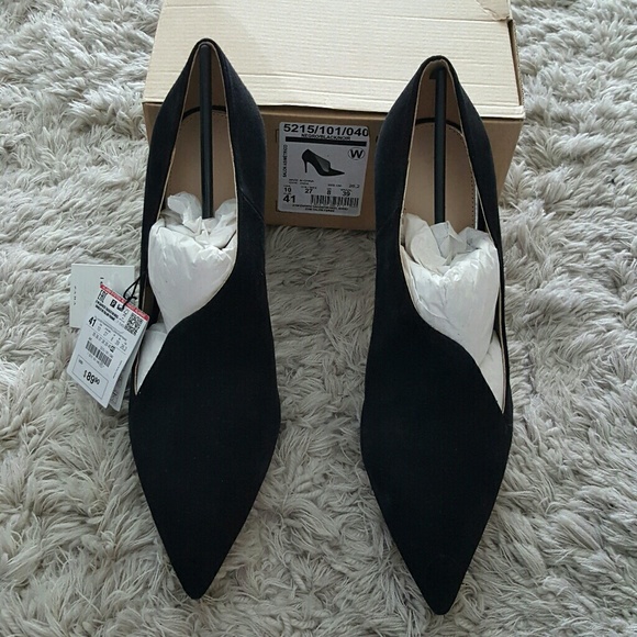 Zara Leather Asymmetric Black Suede Heels - Picture 5 of 8