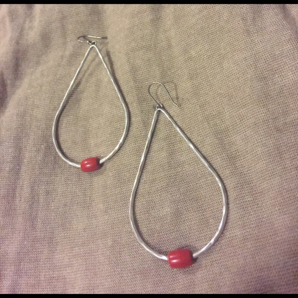 Lucky brand silver earrings with red bead accent