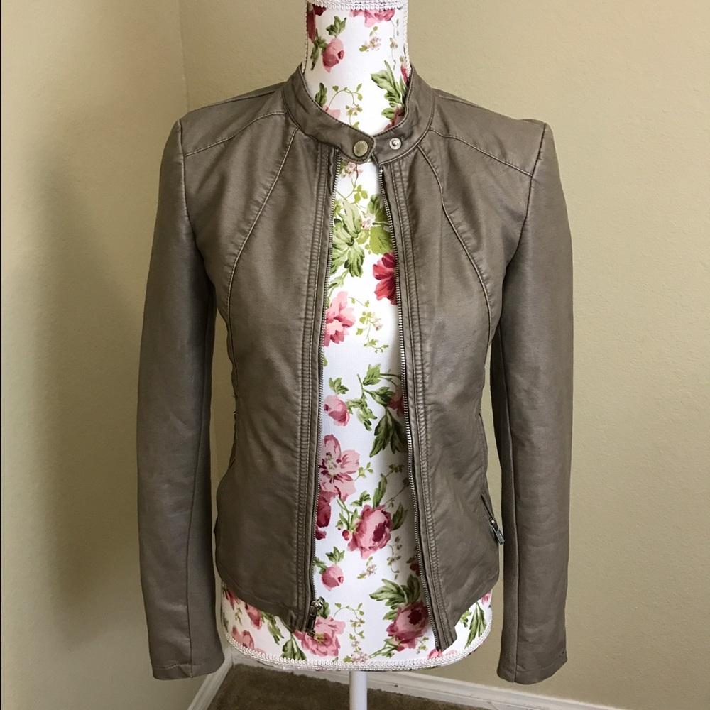 Express Faux Leather Moto Jacket in Taupe