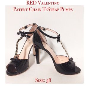 RED Valentino Patent Chain T-Strap Pump, Black