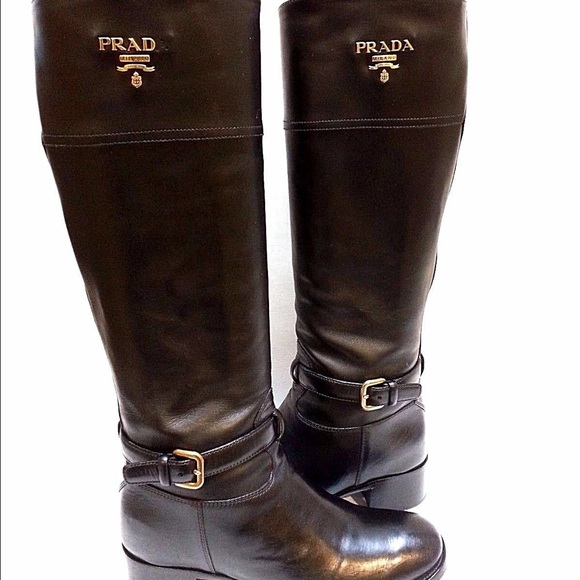 Prada Logo Knee-High Black Leather Riding Boots - Picture 3 of 4