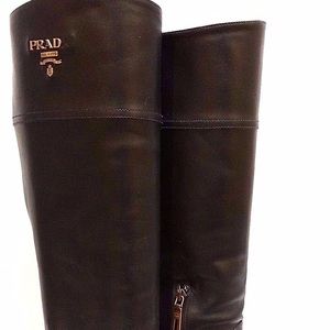Prada Logo Knee-High Black Leather Riding Boots