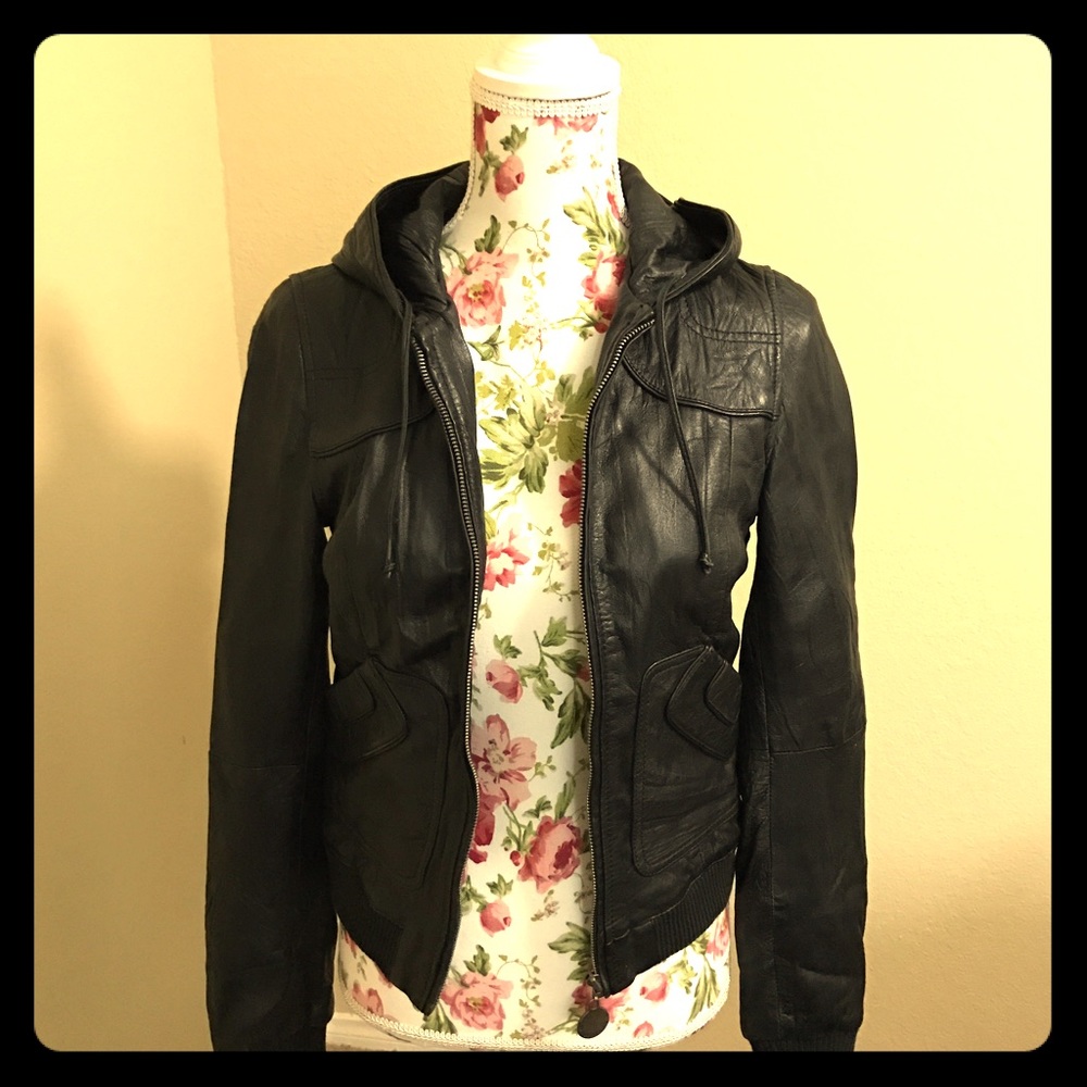 Steve Madden 100% Leather Hooded Bomber Jacket