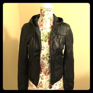 Steve Madden 100% Leather Hooded Bomber Jacket