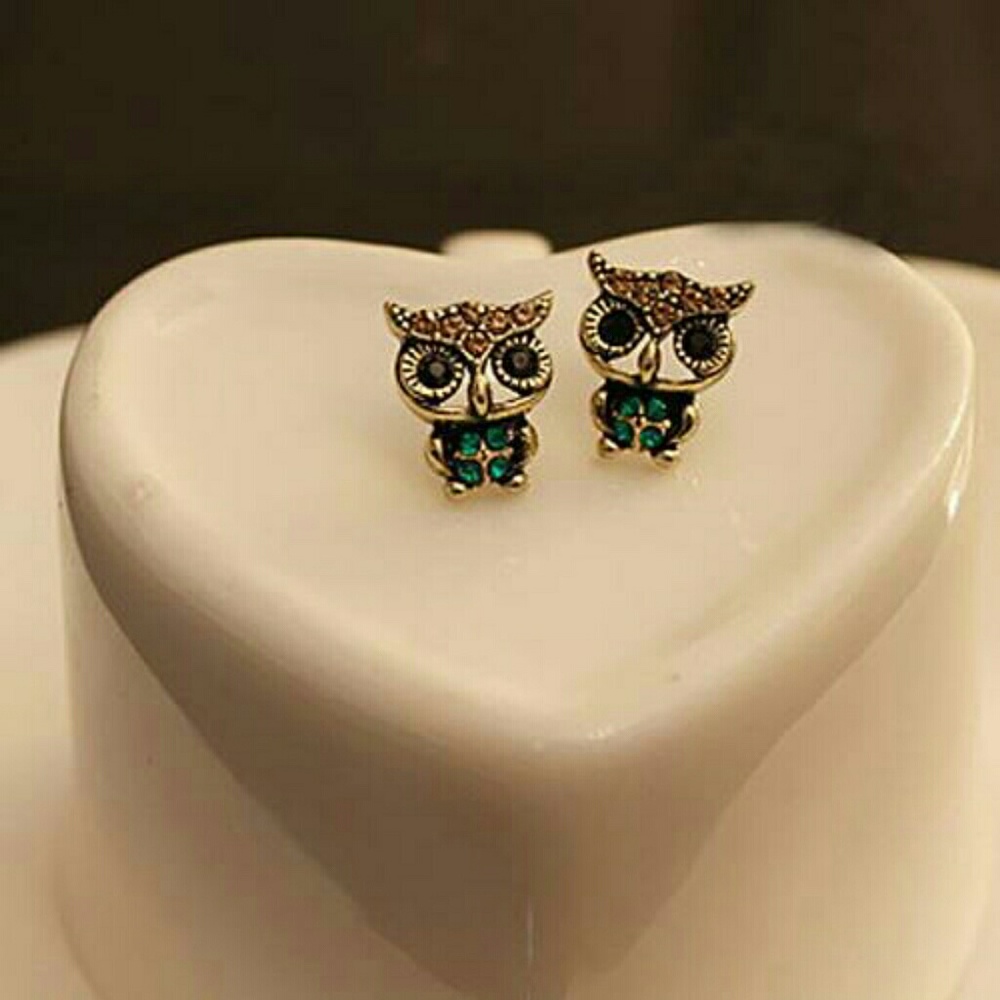 Green Owl Earrings Studs in Antique Bronze