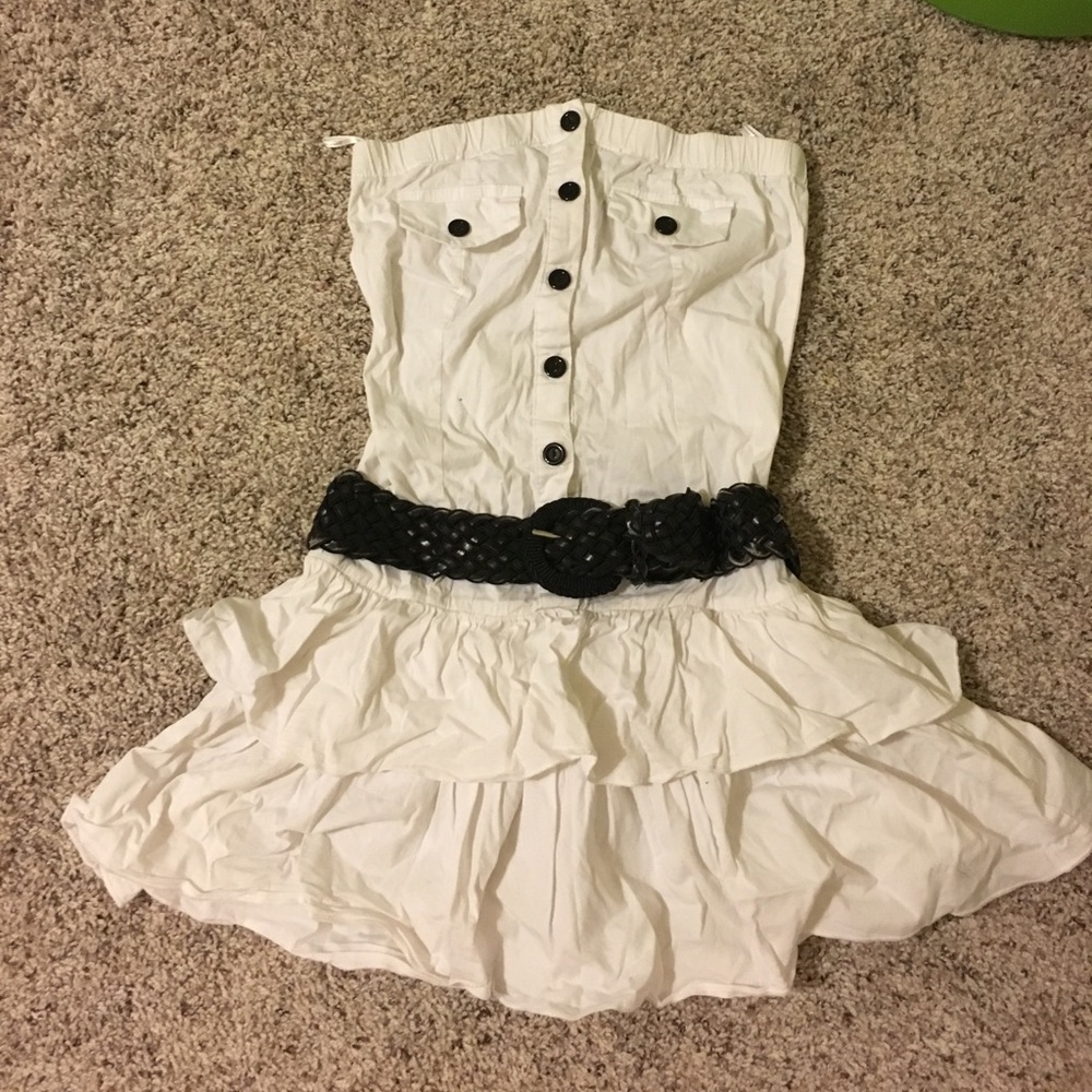 white ruffled dress with belt