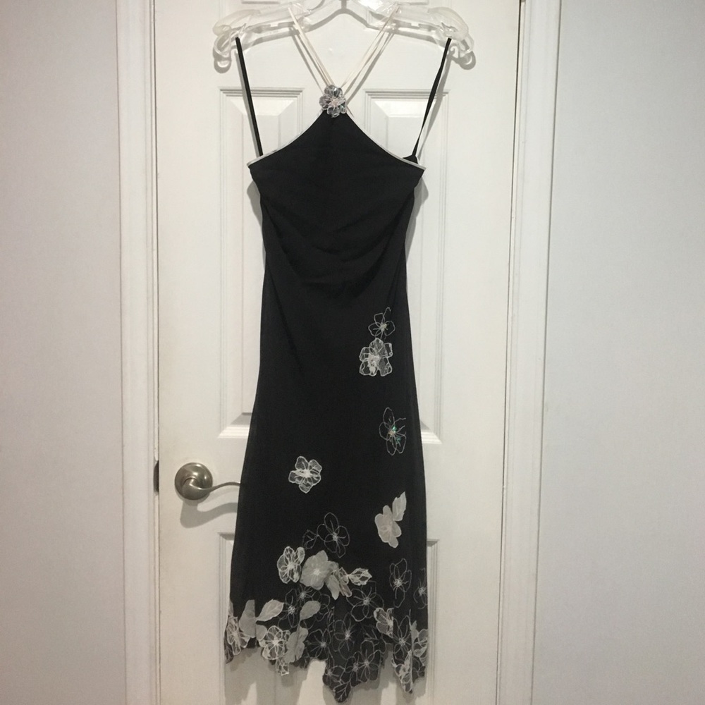 BCBG black silk dress with flowers and sequins