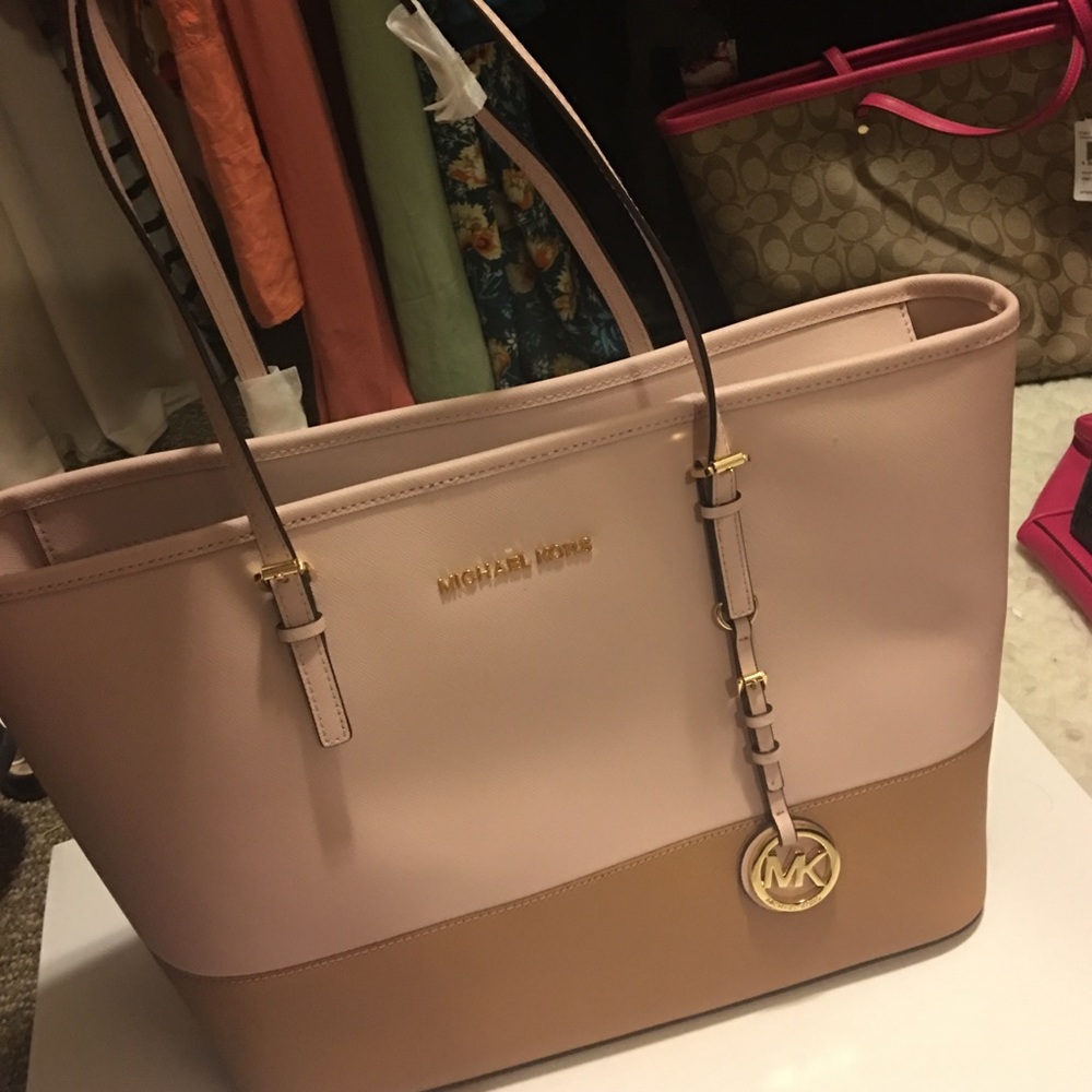 Michael Kors Pink and Brown Jet Set Travel Tote