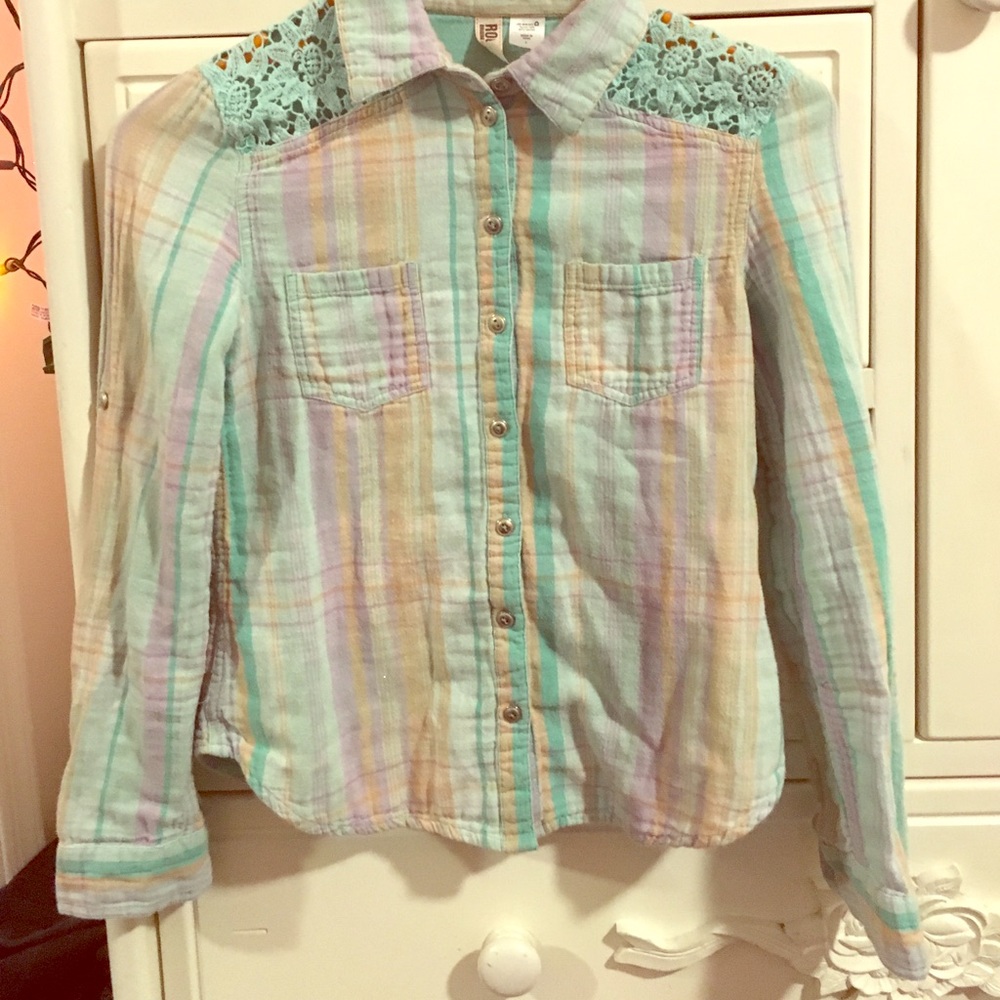 Mint green button down top